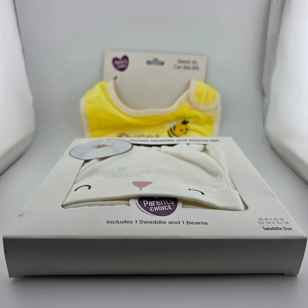 Parent's Choice Baby Swaddle and Beanie Set with Bib‎ 2-Piece Bunny New